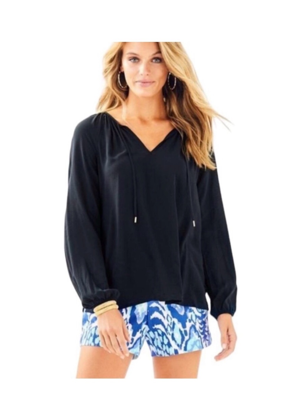 Lilly Pulitzer Willa Tunic Top Onyx Black Split Tie Neck Blouse Medium